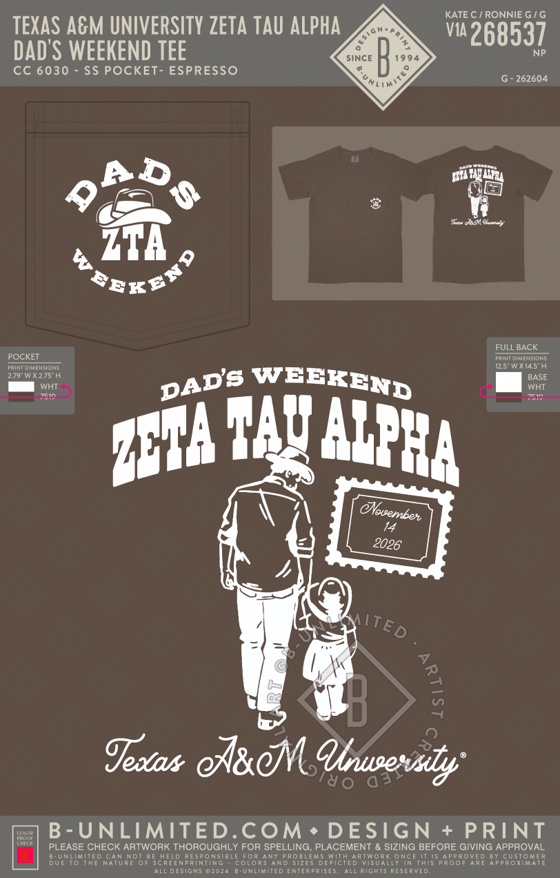 Texas A&M University Zeta Tau Alpha - Dad's Weekend Tee - CC - 6030 - SS Pocket - Espresso
