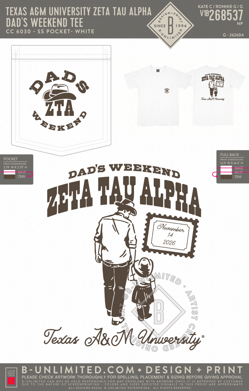 Texas A&M University Zeta Tau Alpha - Dad's Weekend Tee - CC - 6030 - SS Pocket - White