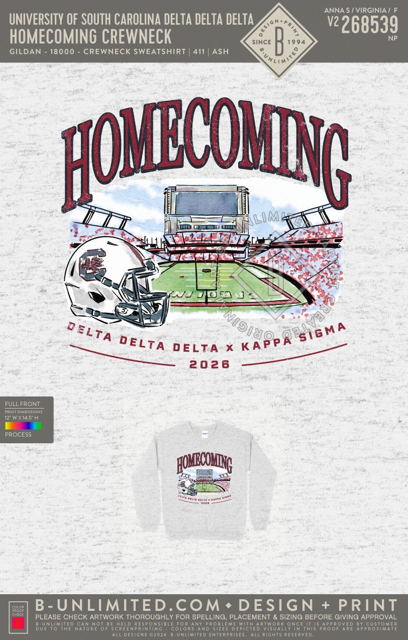 University of South Carolina Delta Delta Delta - Homecoming Crewneck - Gildan - 18000 - Crewneck Sweatshirt - Ash Grey