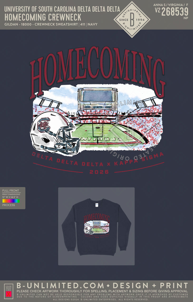 University of South Carolina Delta Delta Delta - Homecoming Crewneck - Gildan - 18000 - Crewneck Sweatshirt - Navy