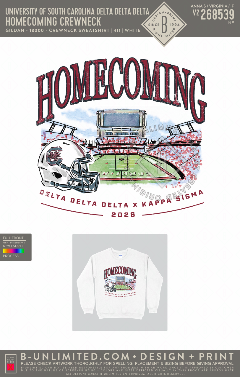 University of South Carolina Delta Delta Delta - Homecoming Crewneck - Gildan - 18000 - Crewneck Sweatshirt - White