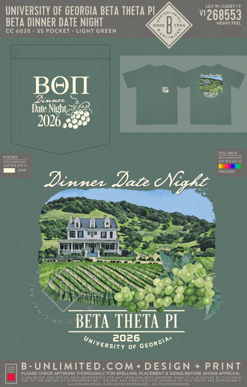 University of Georgia Beta Theta Pi - Beta Dinner Date Night - CC - 6030 - SS Pocket - Light Green