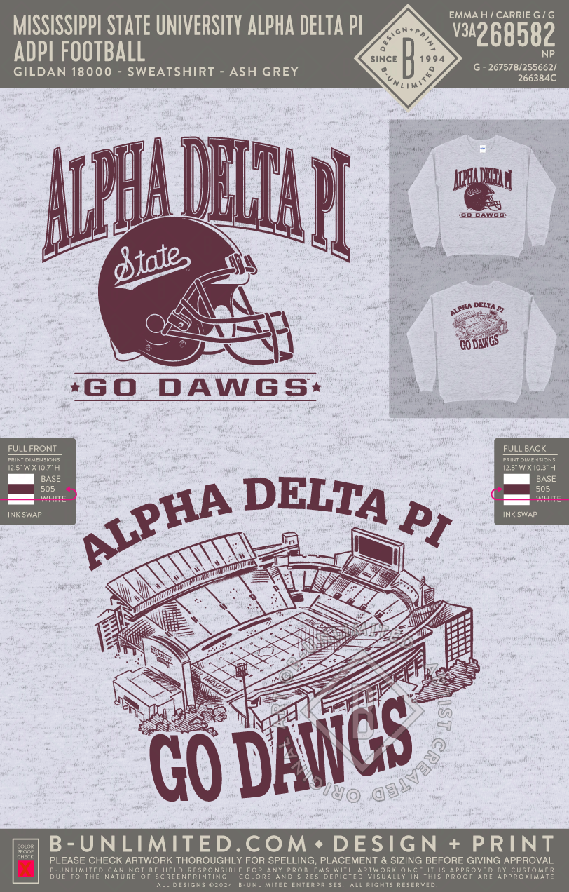Mississippi State University Alpha Delta Pi - ADPI Football - Gildan - 18000 - Crewneck Sweatshirt - Ash Grey