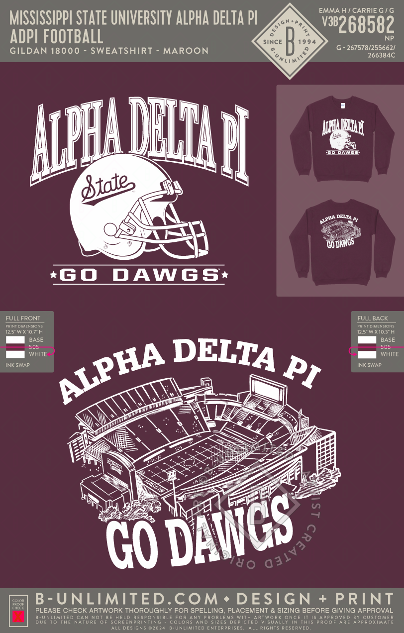 Mississippi State University Alpha Delta Pi - ADPI Football - Gildan - 18000 - Crewneck Sweatshirt - Maroon