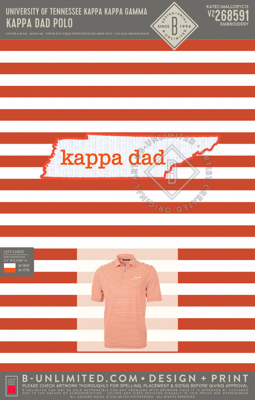 University of Tennessee Kappa Kappa Gamma - Kappa Dad Polo - Cutter & Buck - MCK01168 - Virtue Eco Pique Stripe Recycled Mens Polo - College Orange/White