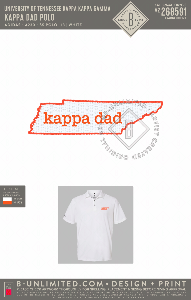 University of Tennessee Kappa Kappa Gamma - Kappa Dad Polo - Adidas - A230 - SS Polo - White
