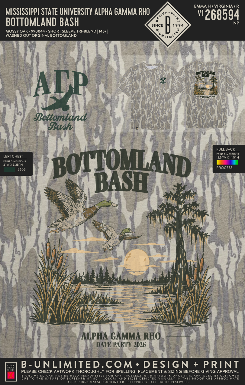 Mississippi State University Alpha Gamma Rho - Bottomland Bash - Mossy Oak - 990044 - Short Sleeve Tri-Blend - Washed Out Orginal Bottomland