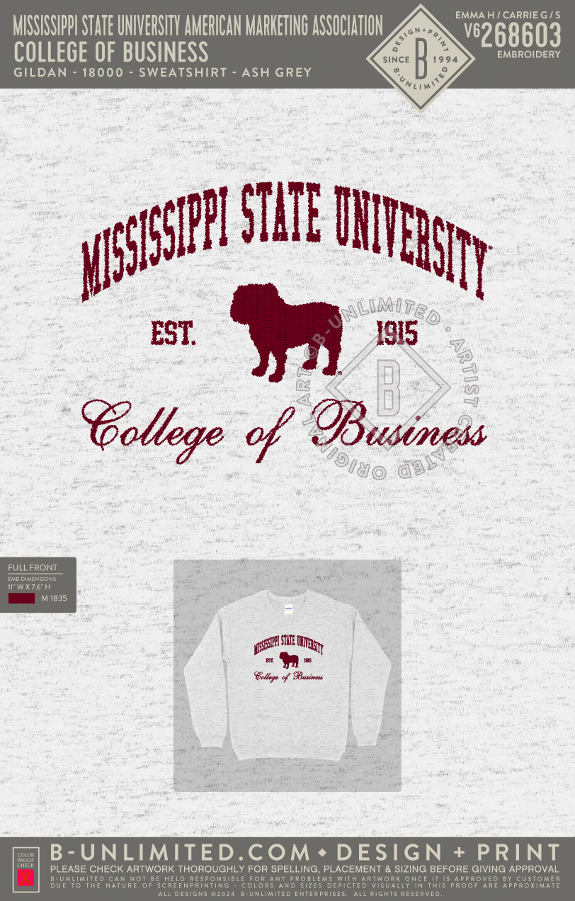 Mississippi State University American Marketing Association - College of Business - Gildan - 18000 - Crewneck Sweatshirt - Ash Grey