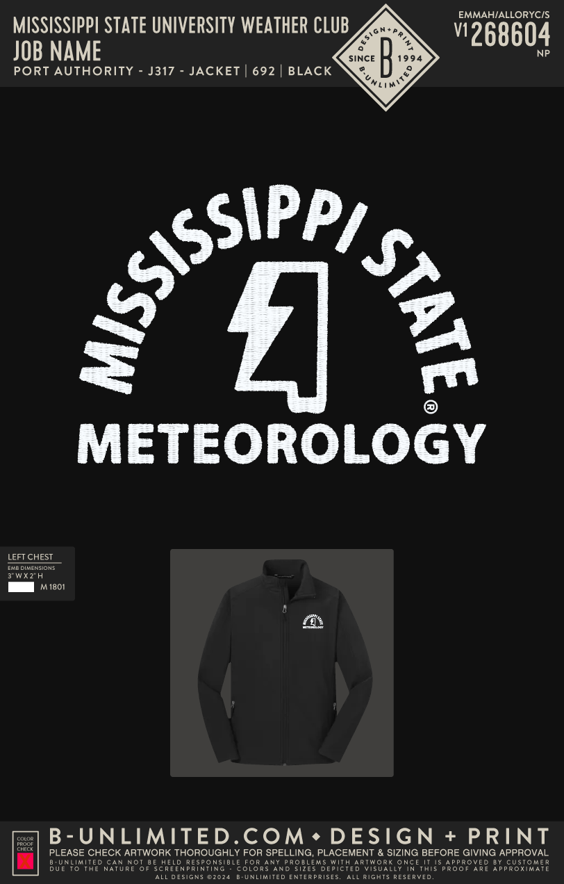 Mississippi State University Weather Club - Meteorology Rain Jacket - Port Authority - J317 - Jacket - Black