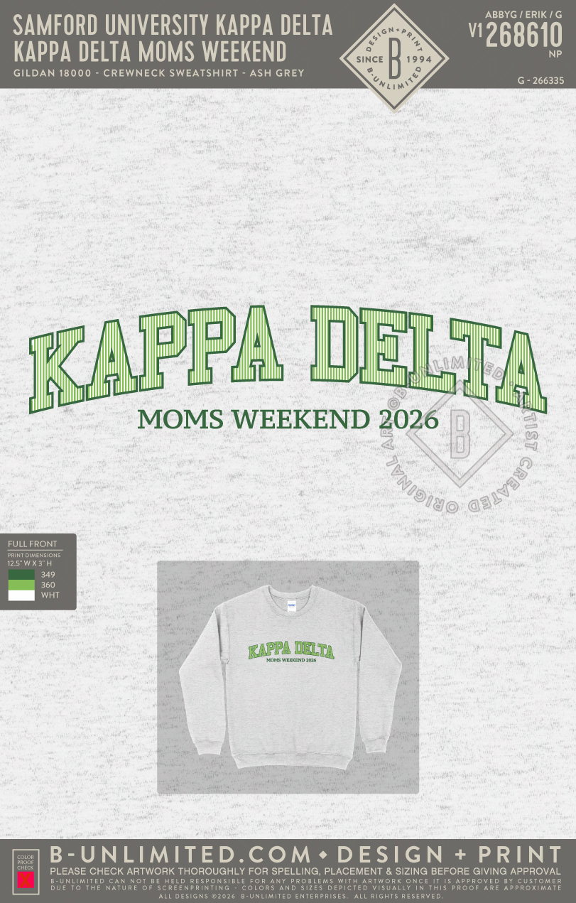 Samford University Kappa Delta - Kappa Delta Moms Weekend - Gildan - 18000 - Crewneck Sweatshirt - Ash Grey