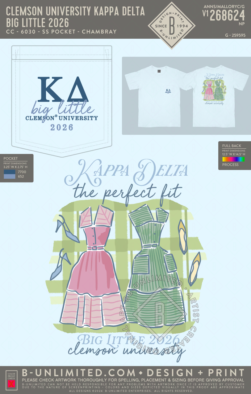 Clemson University Kappa Delta - Big Little 2026 - CC - 6030 - SS Pocket - Chambray