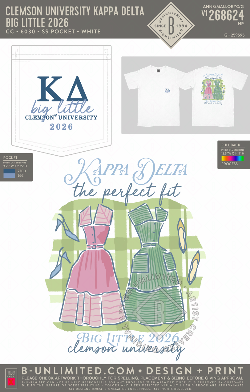 Clemson University Kappa Delta - Big Little 2026 - CC - 6030 - SS Pocket - White