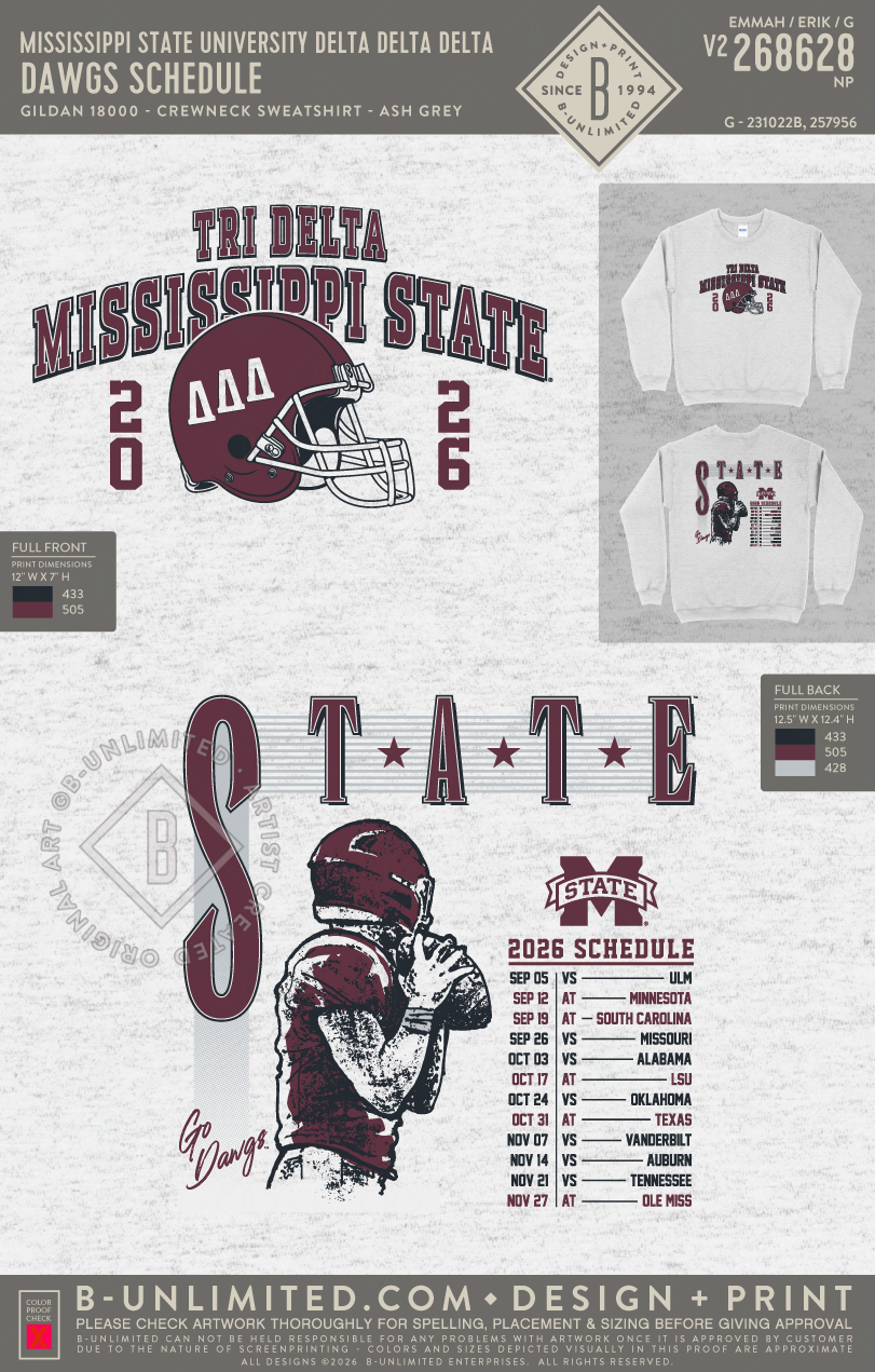 Mississippi State University Delta Delta Delta - Dawgs Schedule - Gildan - 18000 - Crewneck Sweatshirt - Ash Grey