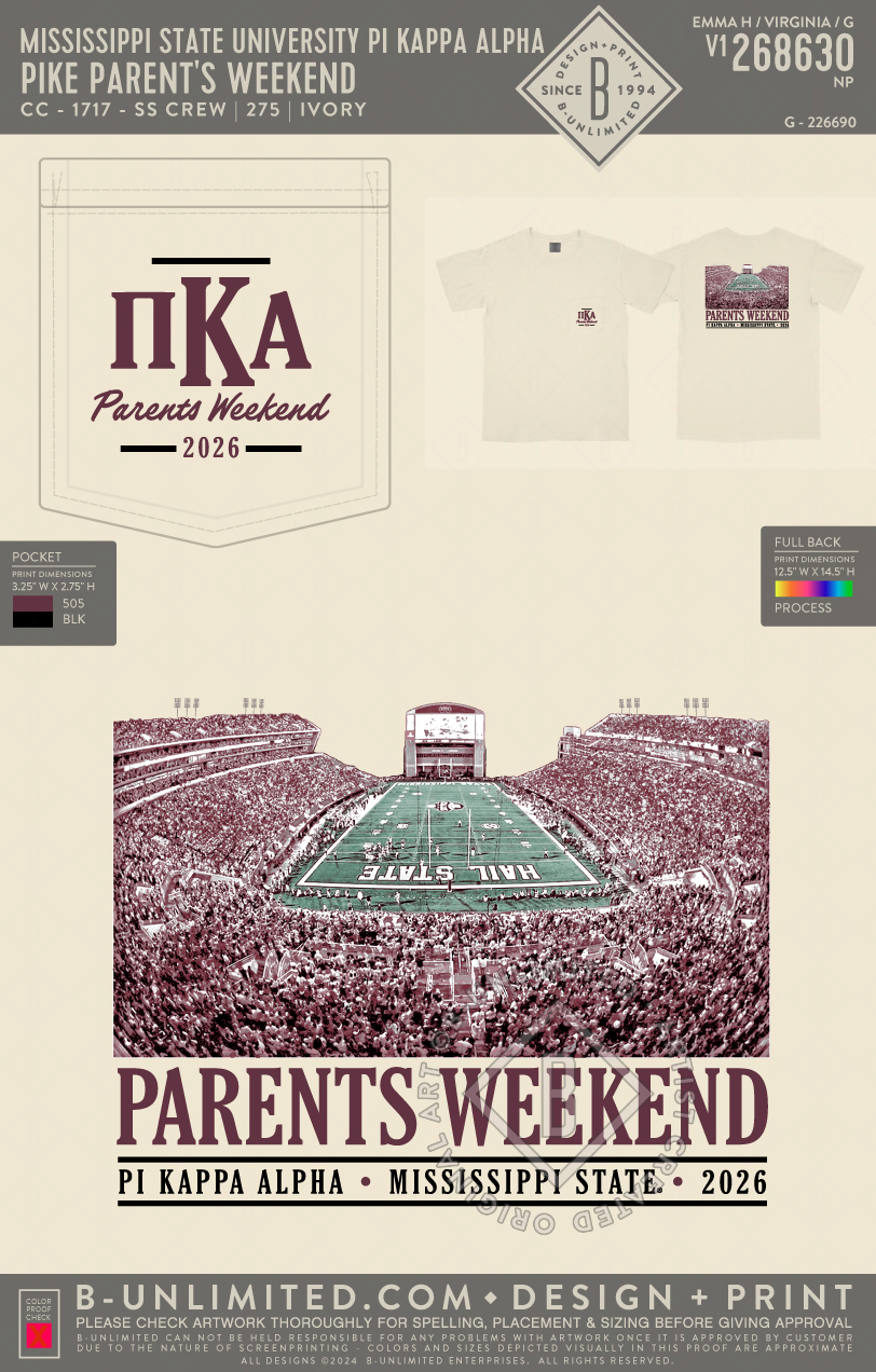 Mississippi State University Pi Kappa Alpha - PIKE Parent's Weekend - CC - 6030 - SS Pocket - Ivory