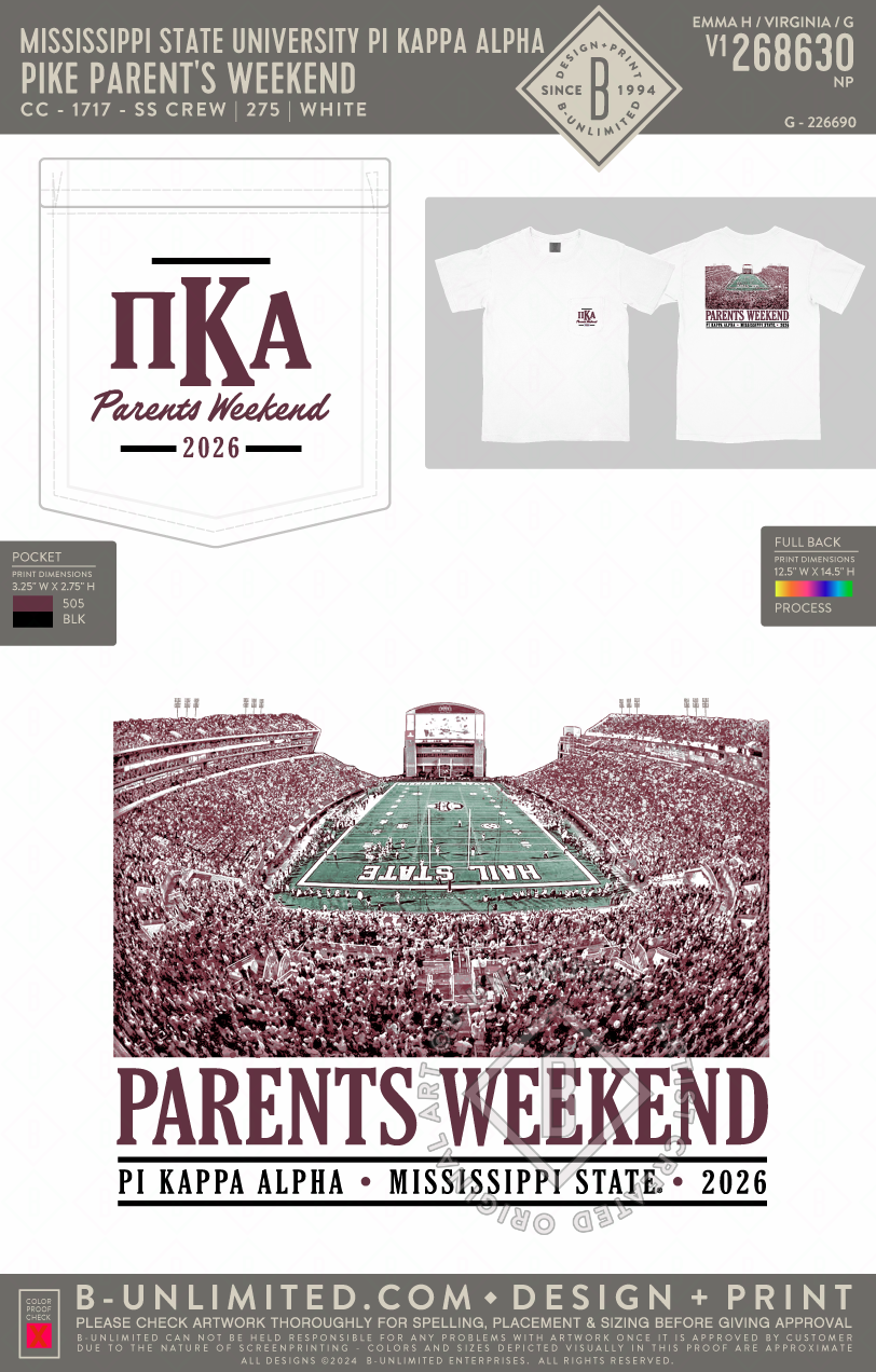 Mississippi State University Pi Kappa Alpha - PIKE Parent's Weekend - CC - 6030 - SS Pocket - White