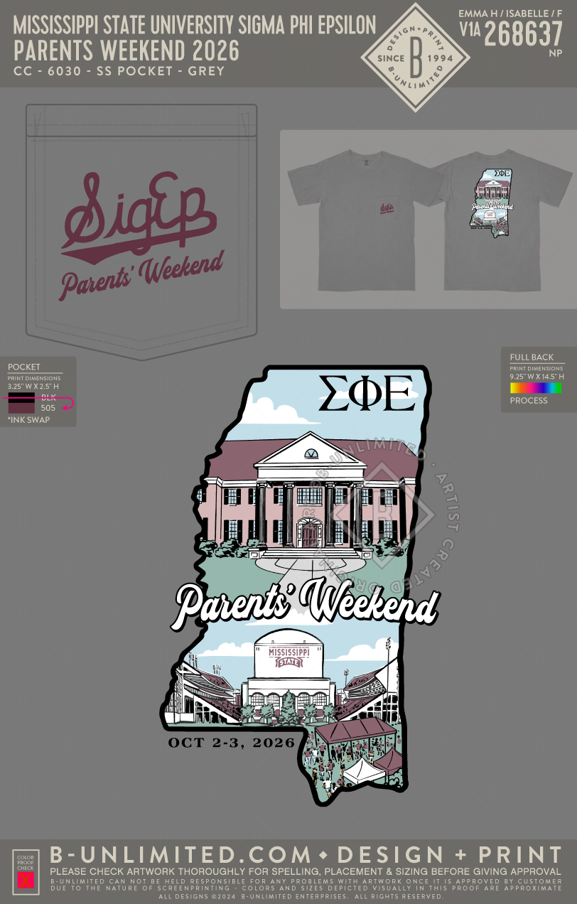 Mississippi State University Sigma Phi Epsilon - Parents Weekend 2026 - CC - 6030 - SS Pocket - Grey