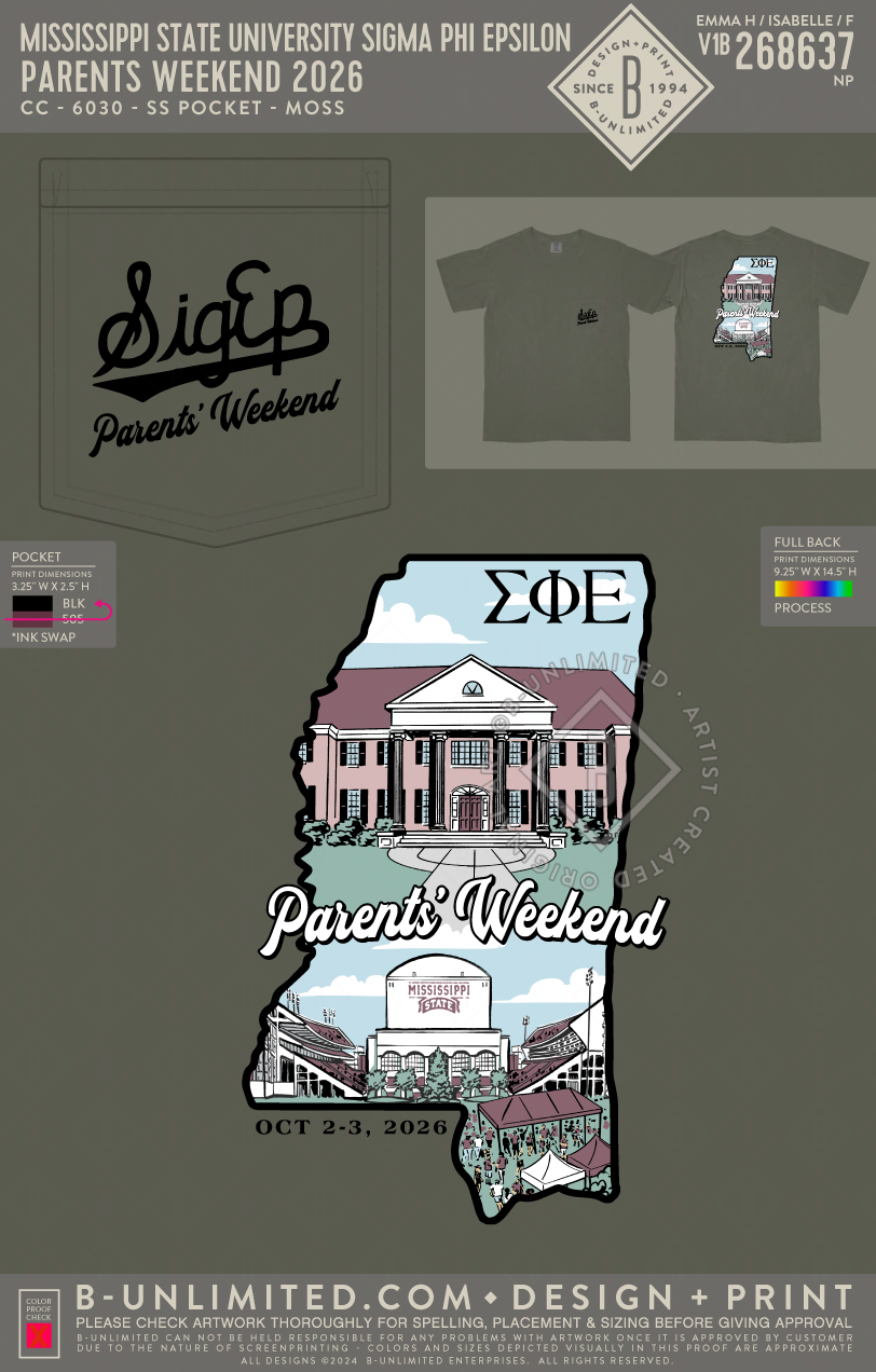 Mississippi State University Sigma Phi Epsilon - Parents Weekend 2026 - CC - 6030 - SS Pocket - Moss