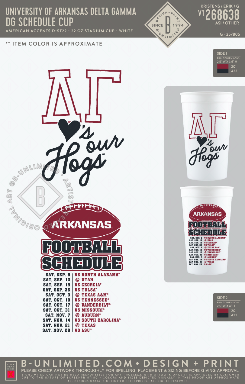 University of Arkansas Delta Gamma - DG Schedule Cup - American Accents - D-ST22 - Cup - White