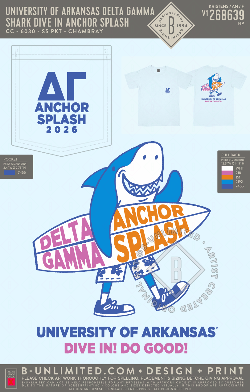 University of Arkansas Delta Gamma - Shark Dive In Anchor Splash - CC - 6030 - SS Pocket - Chambray