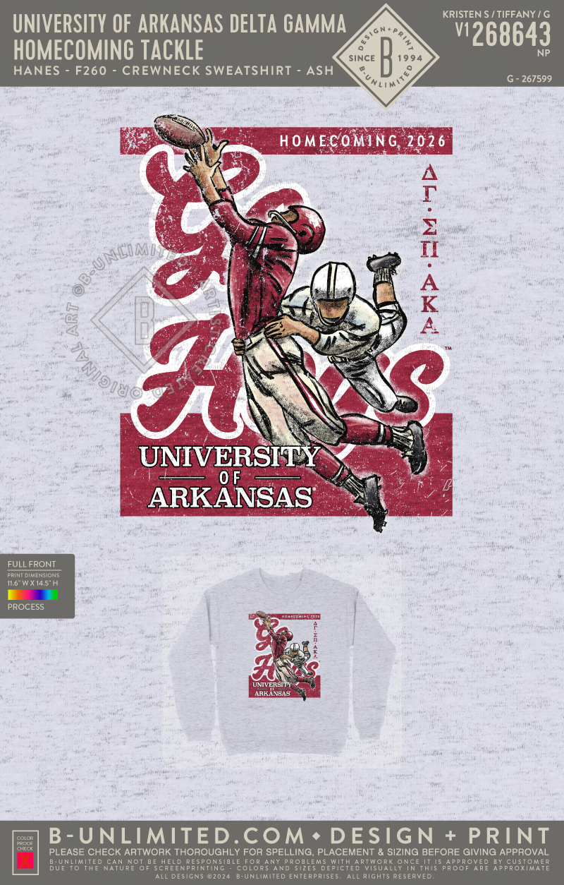 University of Arkansas Delta Gamma - Homecoming Tackle - Hanes - F260 - Sweatshirt - Ash
