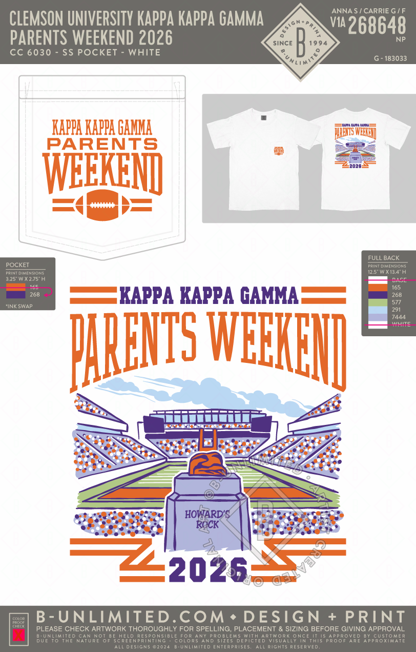 Clemson University Kappa Kappa Gamma - Parents weekend 2026 - CC - 6030 - SS Pocket - White