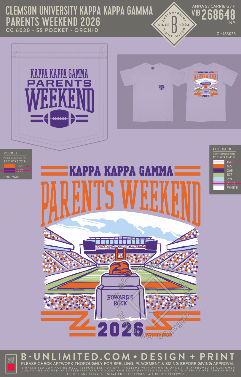 Clemson University Kappa Kappa Gamma - Parents weekend 2026 - CC - 6030 - SS Pocket - Orchid