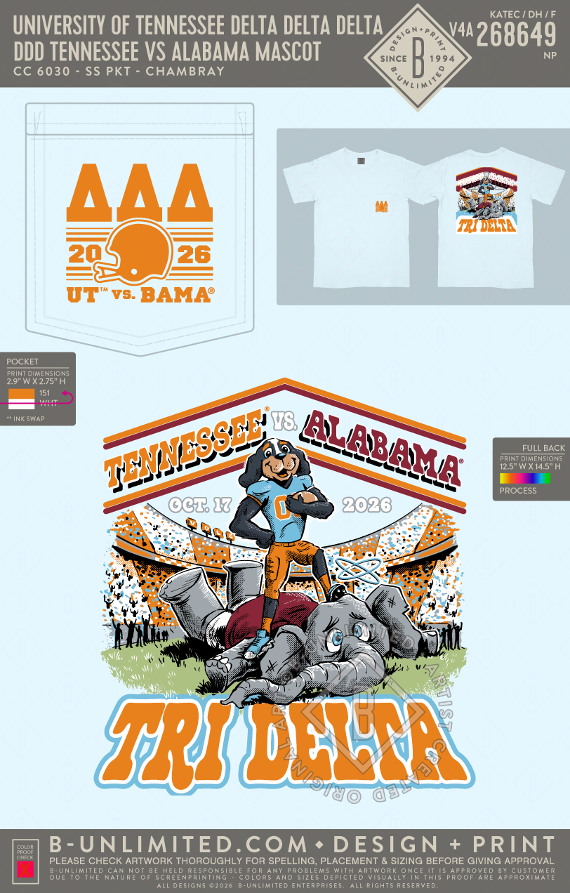 University of Tennessee Delta Delta Delta - DDD Tennessee vs Alabama Mascot - CC - 6030 - SS Pocket - Chambray