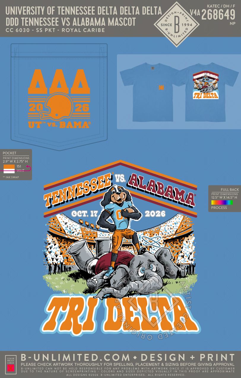 University of Tennessee Delta Delta Delta - DDD Tennessee vs Alabama Mascot - CC - 6030 - SS Pocket - Royal Caribe