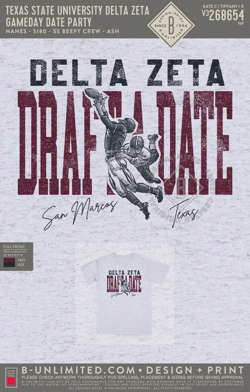 Texas State University Delta Zeta - Gameday Date Party - Hanes - 5180 - SS Beefy Crew - Ash