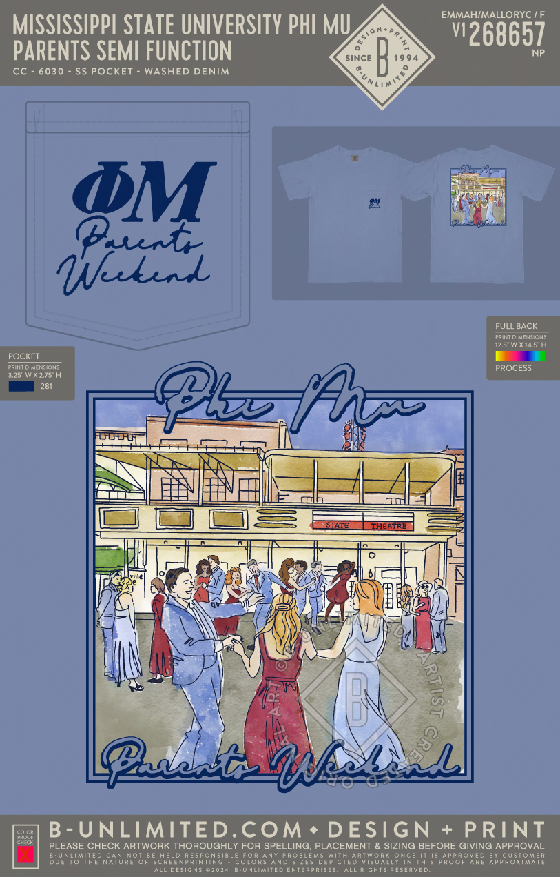 Mississippi State University Phi Mu - Parents Semi Function - CC - 6030 - SS Pocket - Washed Denim