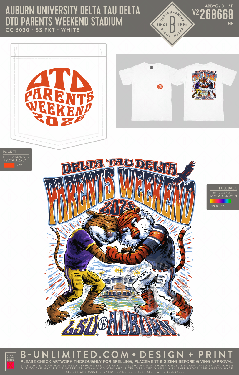 Auburn University Delta Tau Delta - DTD Parents Weekend Stadium - CC - 6030 - SS Pocket - White