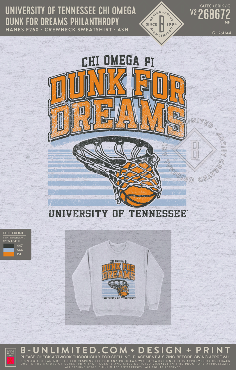University of Tennessee Chi Omega - Dunk for Dreams Philanthropy - Hanes - F260 - Sweatshirt - Ash