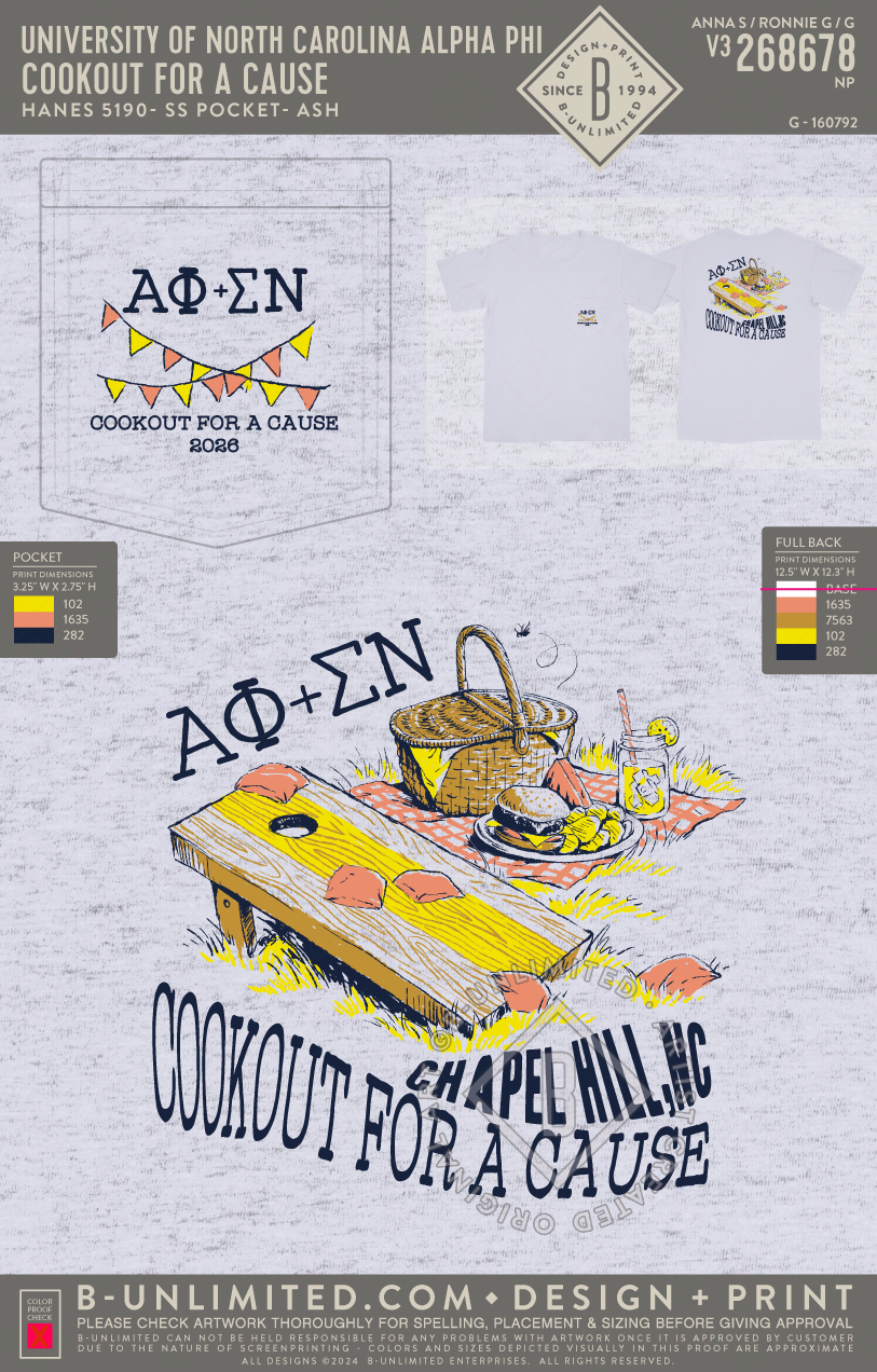 University of North Carolina Alpha Phi - Cookout for a Cause - Hanes - 5190 - SS Beefy Pocket - Ash