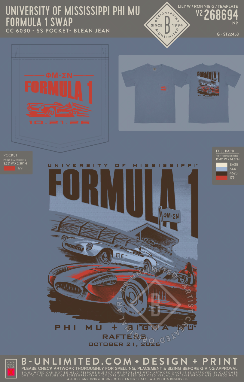 University of Mississippi Phi Mu - Formula 1 Swap - CC - 6030 - SS Pocket - Blue Jean