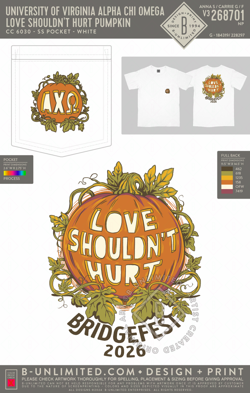 University of Virginia Alpha Chi Omega - Love Shouldn't Hurt Pumpkin - CC - 6030 - SS Pocket - White