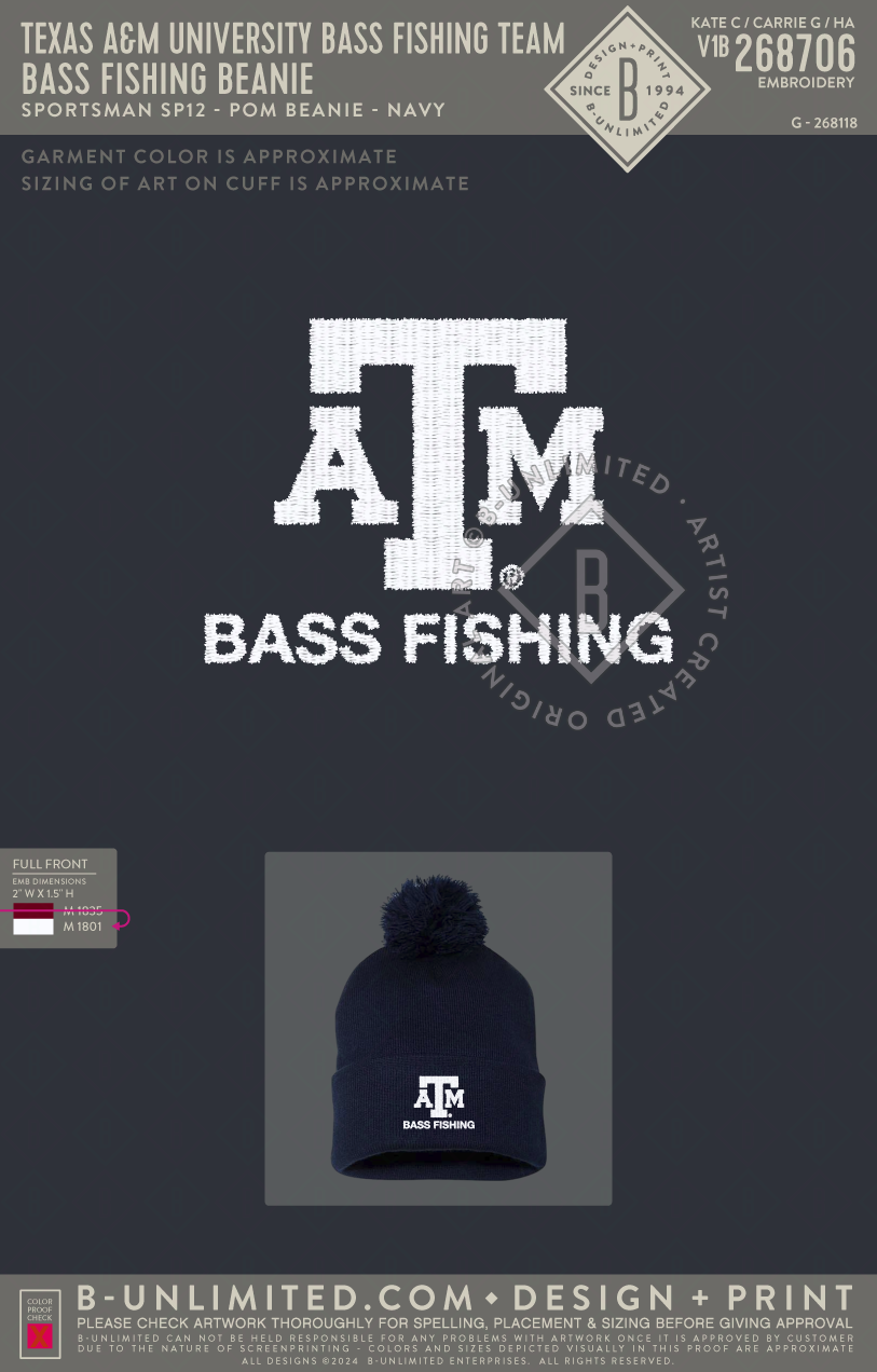 Texas A&M University Bass Fishing Team - Bass Fishing Beanie - Sportsman - SP12 - Beanie - Navy