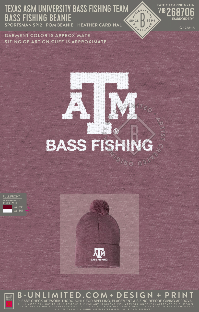 Texas A&M University Bass Fishing Team - Bass Fishing Beanie - Sportsman - SP12 - Beanie - Heather Cardinal