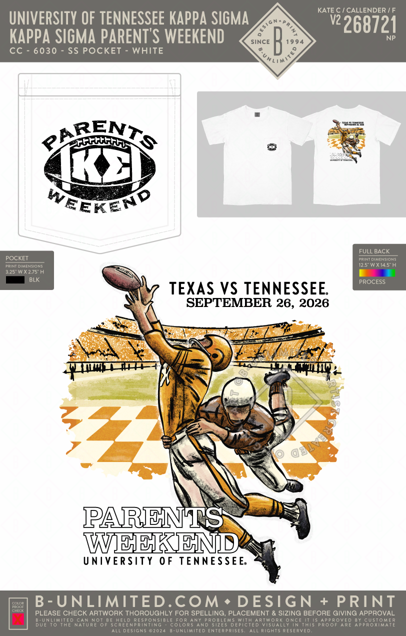 University of Tennessee Kappa Sigma - Kappa Sigma Parent's Weekend - CC - 6030 - SS Pocket - White