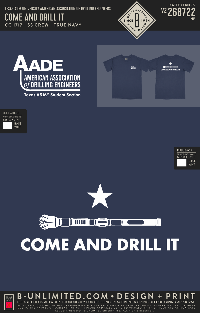 Texas A&M University American Association of Drilling Engineers - Come and Drill It - CC - 1717 - SS Crew - True Navy