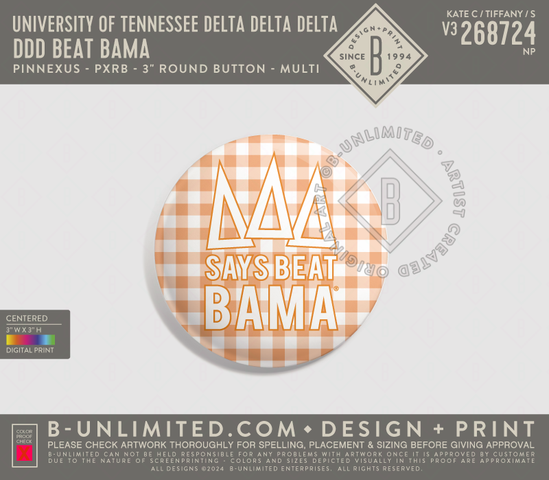 University of Tennessee Delta Delta Delta - DDD Beat Bama - PinNexus - PXRB - 3" Round Button - Multi
