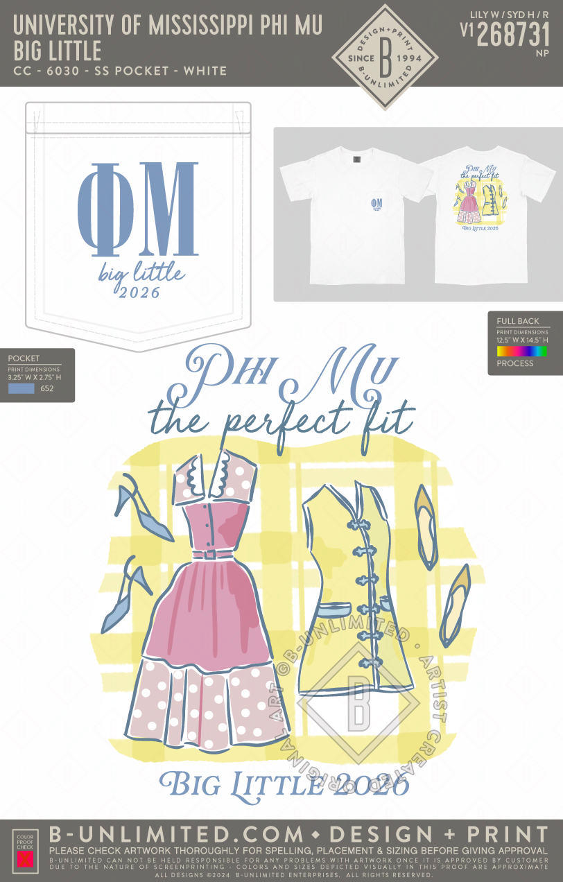 University of Mississippi Phi Mu - Big Little - CC - 6030 - SS Pocket - White