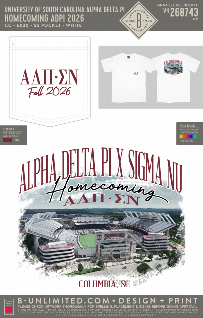 University of South Carolina Alpha Delta Pi - Homecoming ADPI 2026 - CC - 6030 - SS Pocket - White