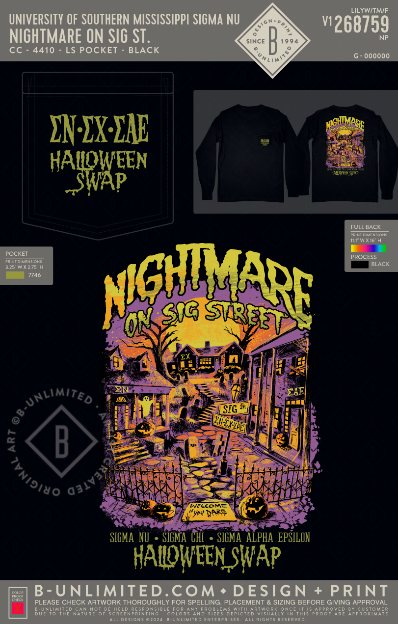 University of Southern Mississippi Sigma Nu - Nightmare on Sig St. - CC - 4410 - LS Pocket - Black