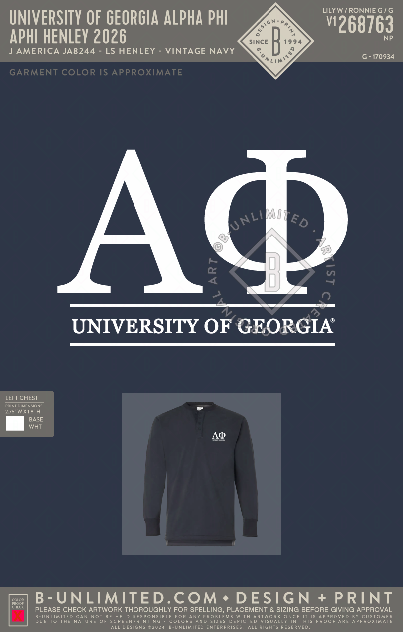 UGA APHI - APhi Henley 2026 - J America - JA8244 - LS Henley - Vintage Navy