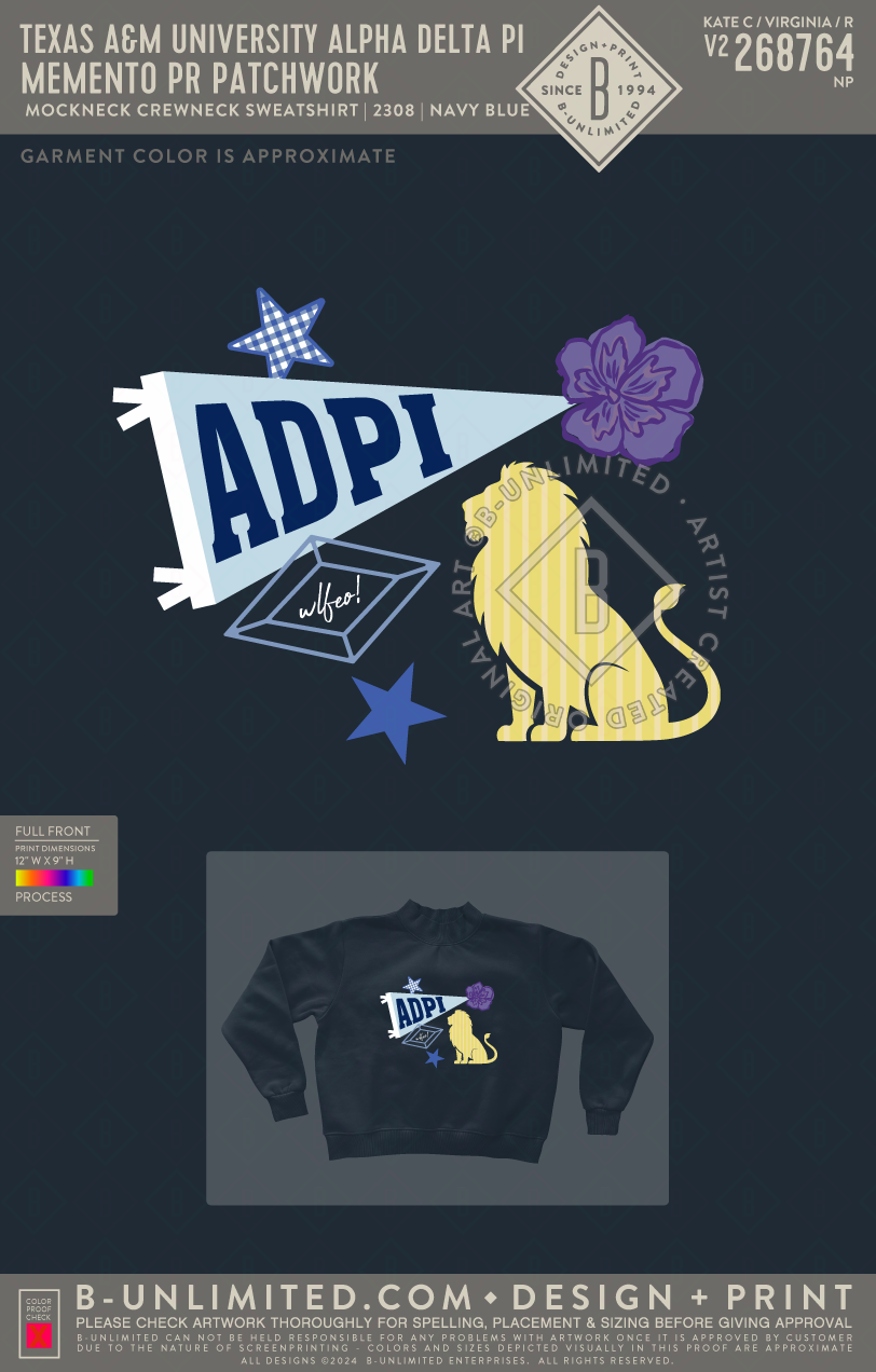 Texas A&M University Alpha Delta Pi - Memento PR Patchwork - Tap Stitch - WW0004-P001-V2 - Mockneck Crewneck Sweatshirt - Navy Blue