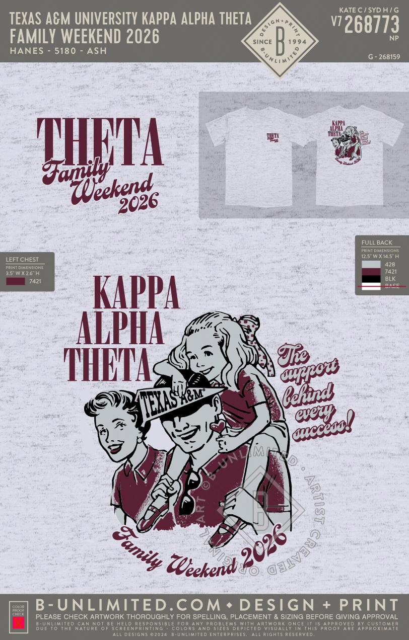 Texas A&M University Kappa Alpha Theta - Family Weekend 2026 - Hanes - 5180 - SS Beefy Crew - Ash