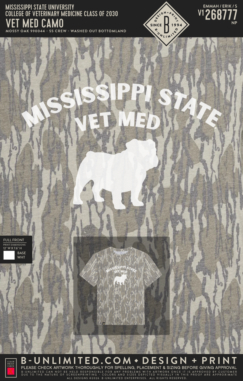 Mississippi State University College of Veterinary Medicine Class of 2030 - Vet Med Camo - Mossy Oak - 990044 - Short Sleeve Tri-Blend - Washed Out Orginal Bottomland