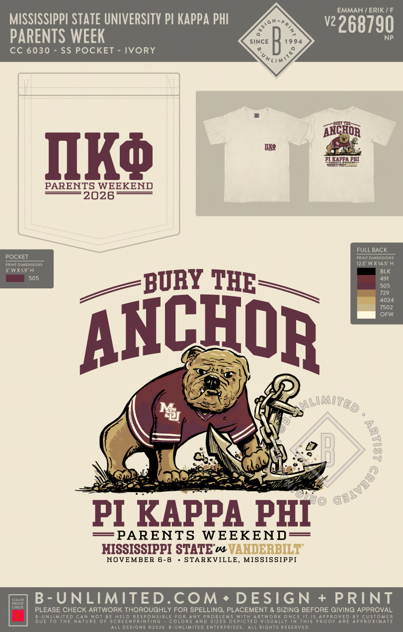 Mississippi State University Pi Kappa Phi - Parents Week - CC - 6030 - SS Pocket - Ivory