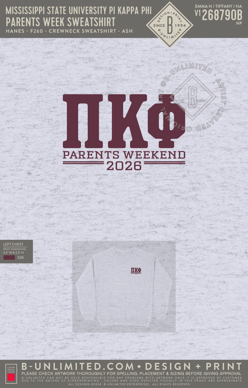 Mississippi State University Pi Kappa Phi - Parents Week Sweatshirt - Hanes - F260 - Sweatshirt - Ash