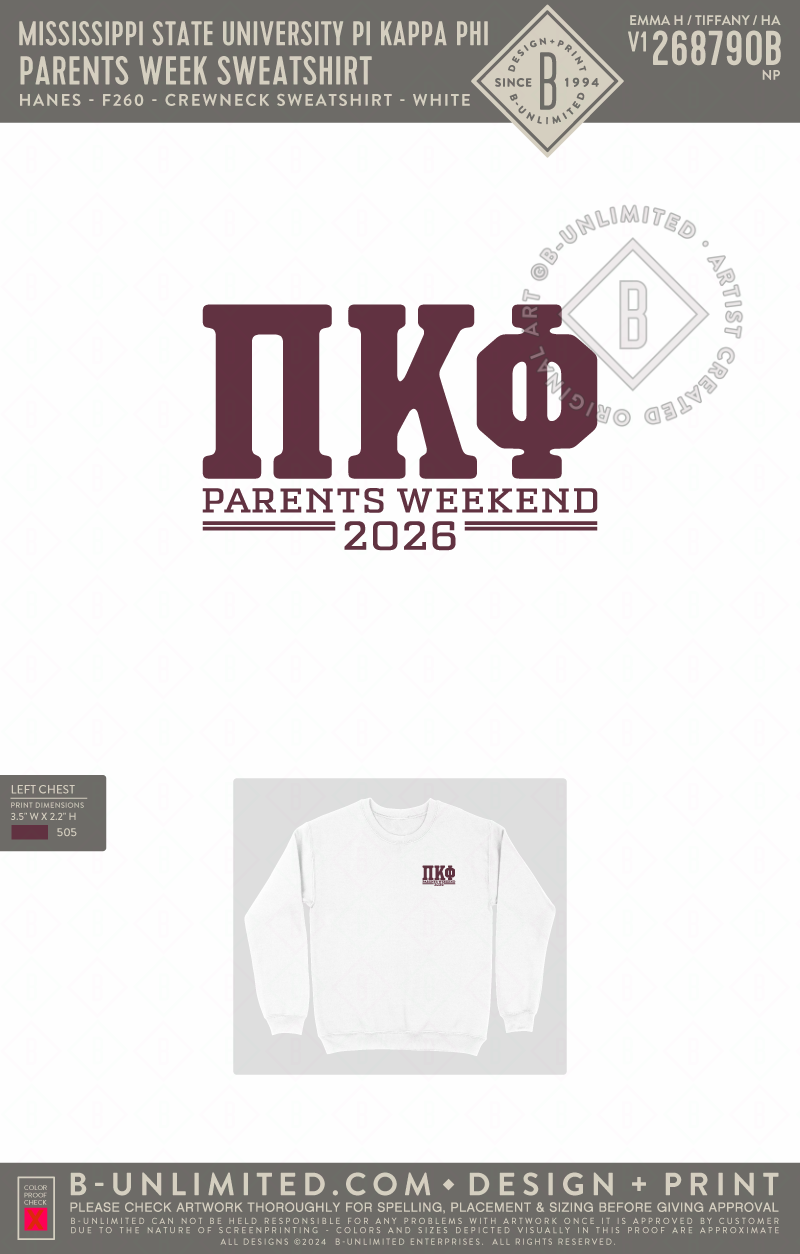 Mississippi State University Pi Kappa Phi - Parents Week Sweatshirt - Hanes - F260 - Sweatshirt - White